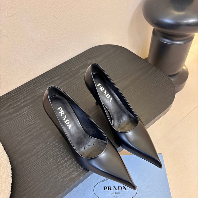 PRADA 26S POINTED-TOE HIGH HEELS IN BLACK LAMBSKIN