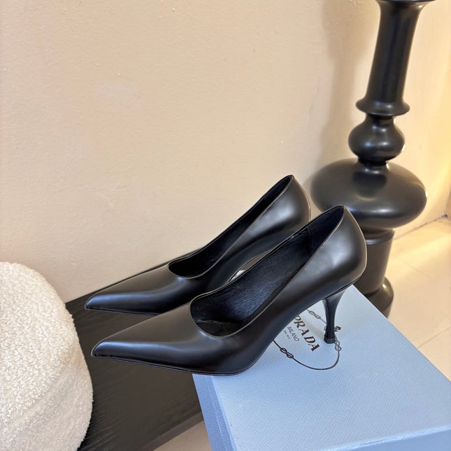 PRADA 26S POINTED-TOE HIGH HEELS IN BLACK LAMBSKIN