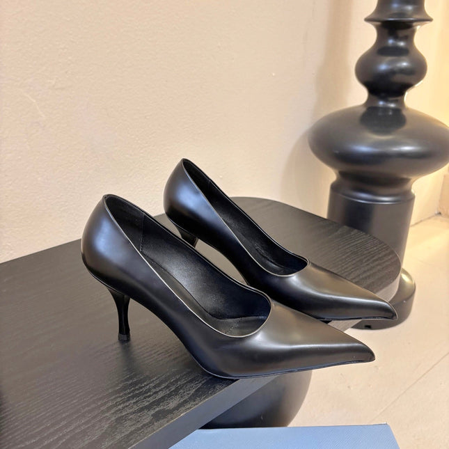 PRADA 26S POINTED-TOE HIGH HEELS IN BLACK LAMBSKIN
