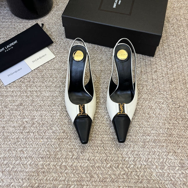 YSL BABYLONE SLINGBACK PUMPS IN WHITE MIX BLACK CALFSKIN