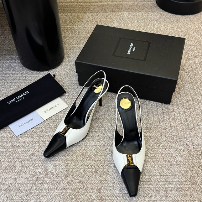 YSL BABYLONE SLINGBACK PUMPS IN WHITE MIX BLACK CALFSKIN