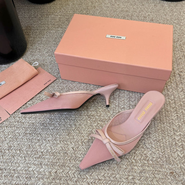 MIUMIU 26S HEEL MULES IN LIGHT PINK MESH AND LAMBSKIN