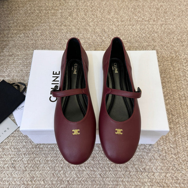 CELINE 26S BALLERINA FLATS IN DARK RED LAMBSKIN