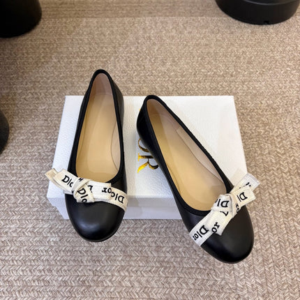 DIOR 26S BALLET FLATS IN BLACK CALFSKIN WITH J'ADIOR RIBBON