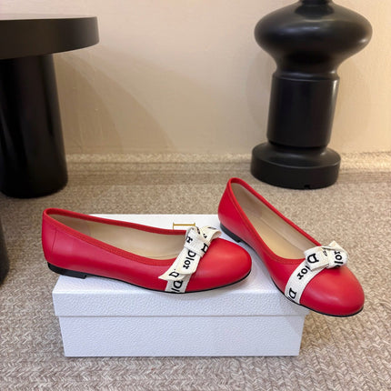 DIOR 26S BALLET FLATS IN RED CALFSKIN WITH J'ADIOR RIBBON