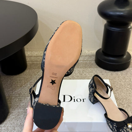DIOR 26S HEEL ANKLE STRAP PUMPS IN BLUE DIOR OBLIQUE EMBROIDERED CANVAS WITH BOW