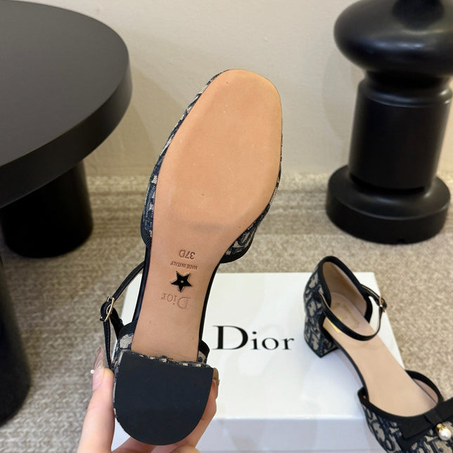 DIOR 26S HEEL ANKLE STRAP PUMPS IN BLUE DIOR OBLIQUE EMBROIDERED CANVAS WITH BOW