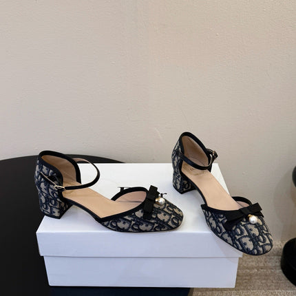 DIOR 26S HEEL ANKLE STRAP PUMPS IN BLUE DIOR OBLIQUE EMBROIDERED CANVAS WITH BOW