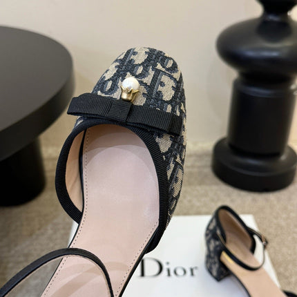 DIOR 26S HEEL ANKLE STRAP PUMPS IN BLUE DIOR OBLIQUE EMBROIDERED CANVAS WITH BOW