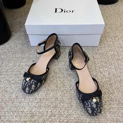 DIOR 26S HEEL ANKLE STRAP PUMPS IN BLUE DIOR OBLIQUE EMBROIDERED CANVAS WITH BOW