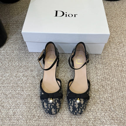 DIOR 26S HEEL ANKLE STRAP PUMPS IN BLUE DIOR OBLIQUE EMBROIDERED CANVAS WITH BOW