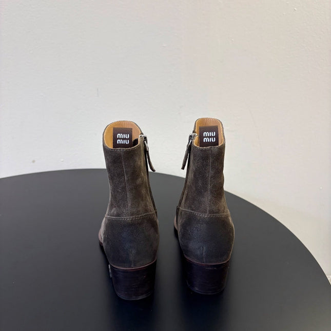MIUMIU 26S WESTERN ANKLE BOOTS IN DARK GREY SUEDE