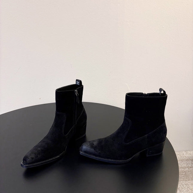 MIUMIU 26S WESTERN ANKLE BOOTS IN BLACK SUEDE