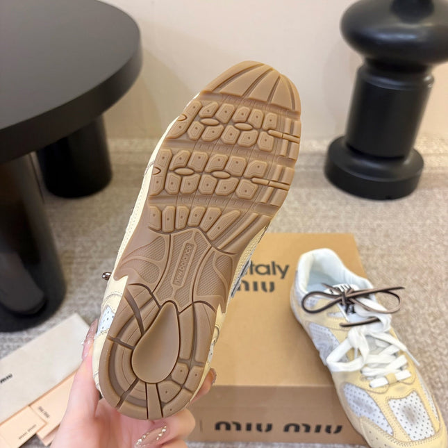 MIUMIU 26S PERFORATED SNEAKERS IN WHITE AND BEIGE YELLOW CALFSKIN