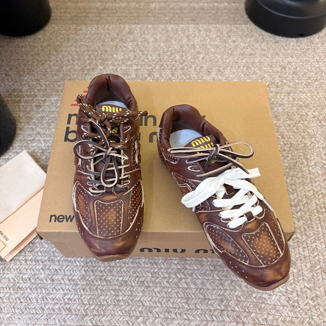 MIUMIU 26S PERFORATED SNEAKERS IN DARK BROWN CALFSKIN