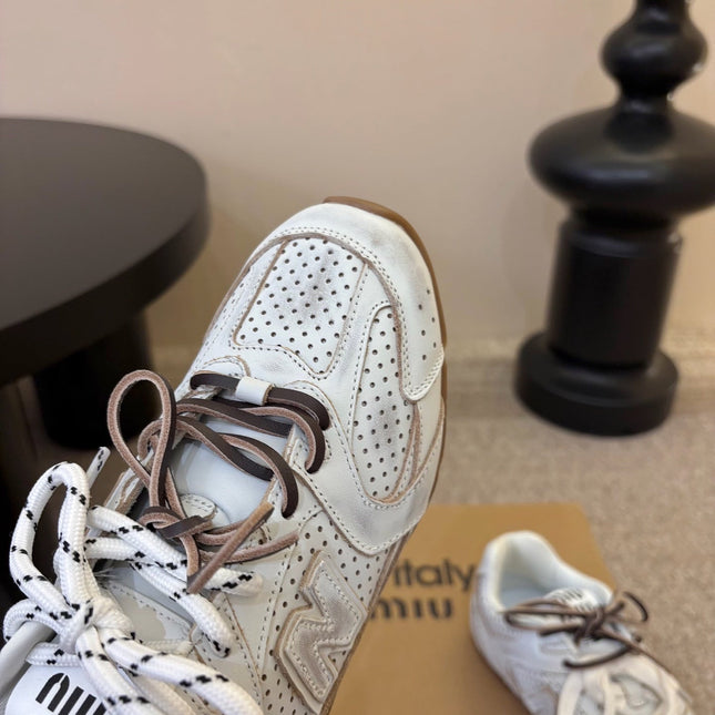 MIUMIU 26S PERFORATED SNEAKERS IN CREAM WHITE CALFSKIN