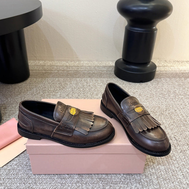 MIUMIU 26S FRINGE PENNY LOAFERS IN DARK BROWN CALFSKIN