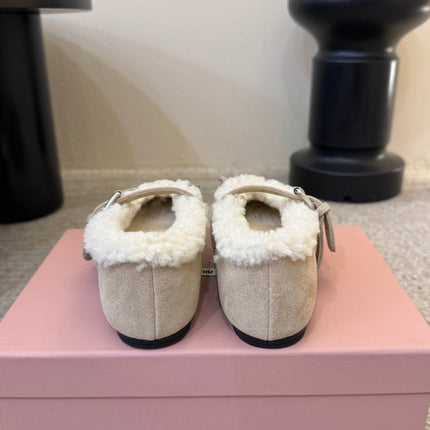 MIUMIU 26S SHEARLING-LINED MARY JANE IN BEIGE SUEDE