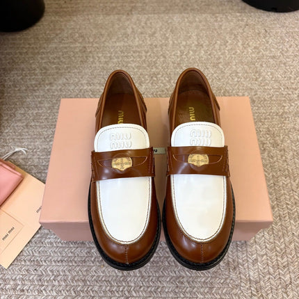 MIUMIU 26S COIN PENNY LOAFERS IN BROWN MIX WHITE CALFSKIN