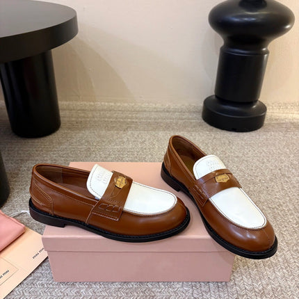 MIUMIU 26S COIN PENNY LOAFERS IN BROWN MIX WHITE CALFSKIN