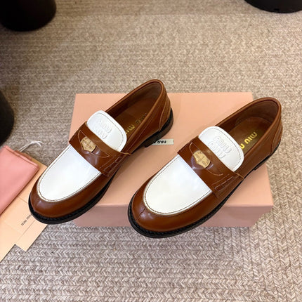 MIUMIU 26S COIN PENNY LOAFERS IN BROWN MIX WHITE CALFSKIN