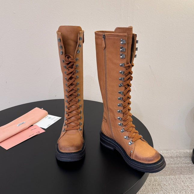 MIUMIU 26S HIGH HIKING BOOTS IN CAMEL BROWN CALFSKIN
