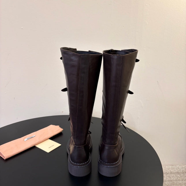 MIUMIU 26S LACE-UP KNEE-HIGH BOOTS IN DARK BROWN CALFSKIN