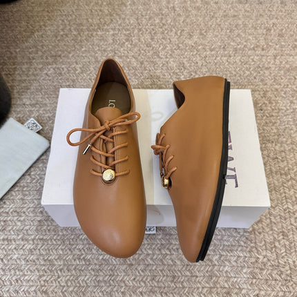 LOEWE 26S LACE UP FLAT SHOES IN TAN BROWN CALFSKIN
