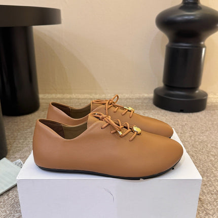 LOEWE 26S LACE UP FLAT SHOES IN TAN BROWN CALFSKIN
