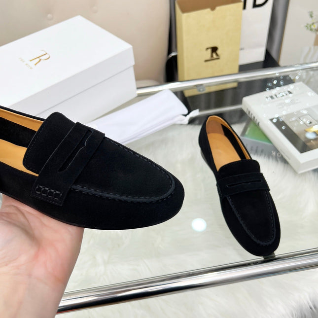 THE ROW 26S PENNY LOAFERS IN BLACK SUEDE
