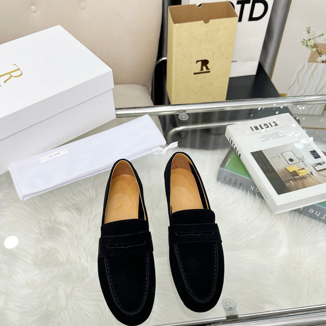 THE ROW 26S PENNY LOAFERS IN BLACK SUEDE