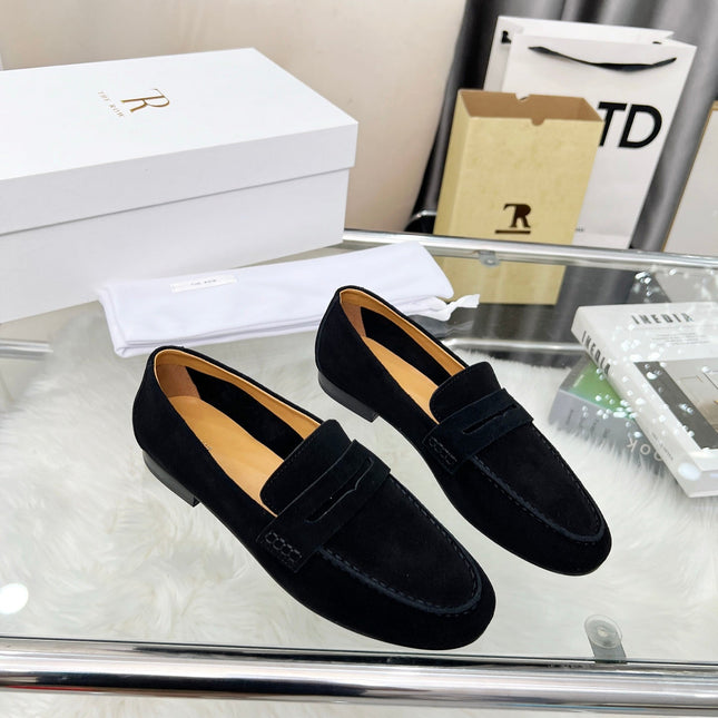 THE ROW 26S PENNY LOAFERS IN BLACK SUEDE
