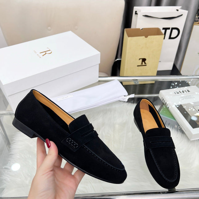 THE ROW 26S PENNY LOAFERS IN BLACK SUEDE