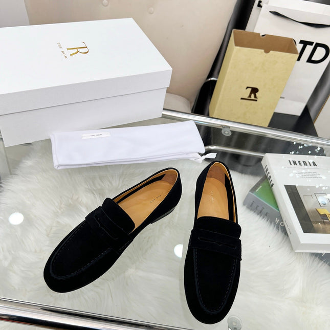THE ROW 26S PENNY LOAFERS IN BLACK SUEDE