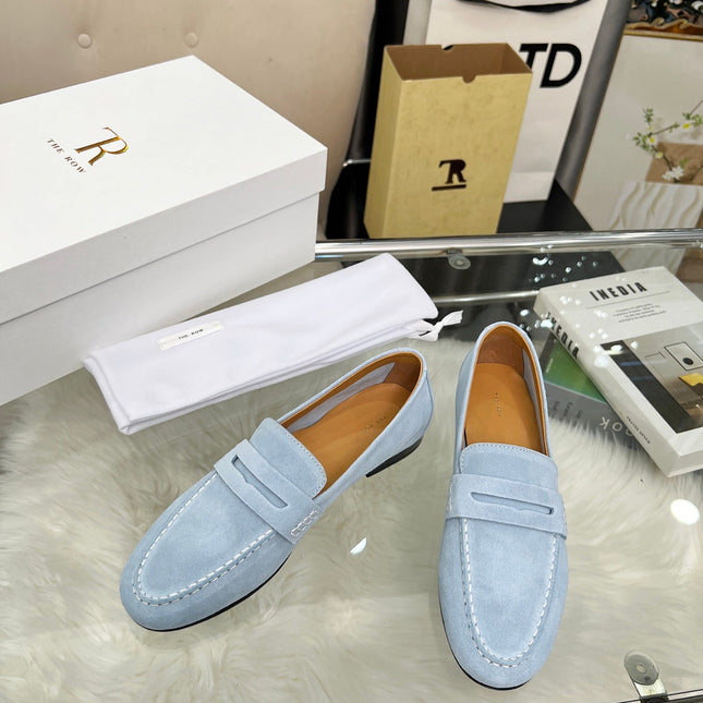 THE ROW 26S PENNY LOAFERS IN LIGHT BLUE SUEDE