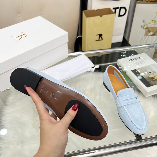 THE ROW 26S PENNY LOAFERS IN LIGHT BLUE SUEDE