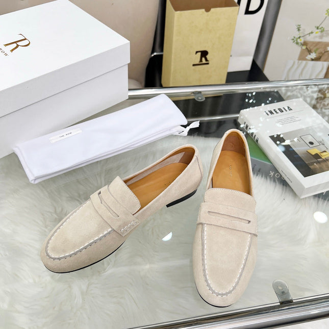 THE ROW 26S PENNY LOAFERS IN LIGHT BEIGE SUEDE