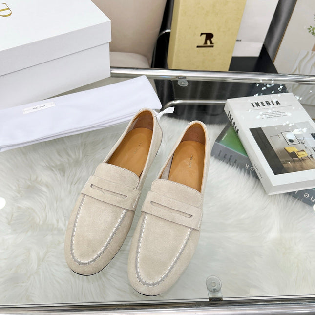 THE ROW 26S PENNY LOAFERS IN LIGHT BEIGE SUEDE