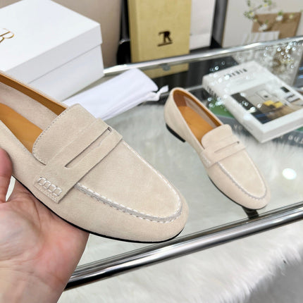 THE ROW 26S PENNY LOAFERS IN LIGHT BEIGE SUEDE