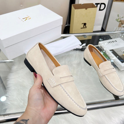 THE ROW 26S PENNY LOAFERS IN LIGHT BEIGE SUEDE