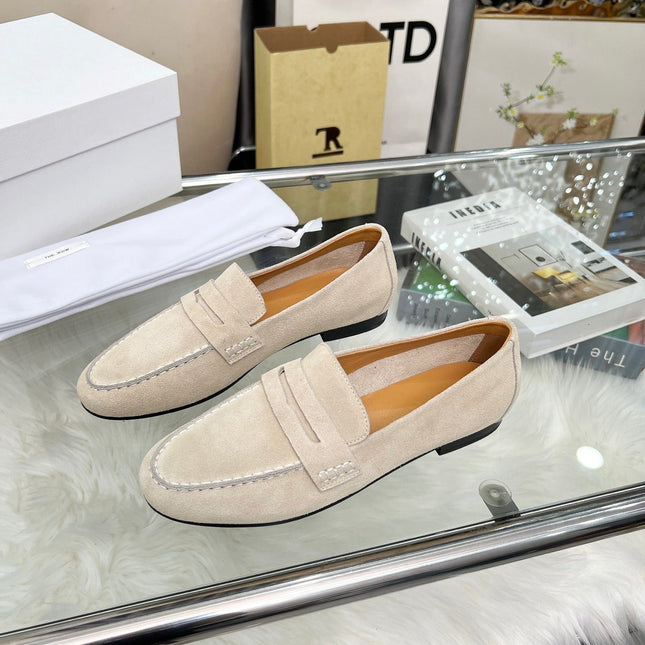THE ROW 26S PENNY LOAFERS IN LIGHT BEIGE SUEDE