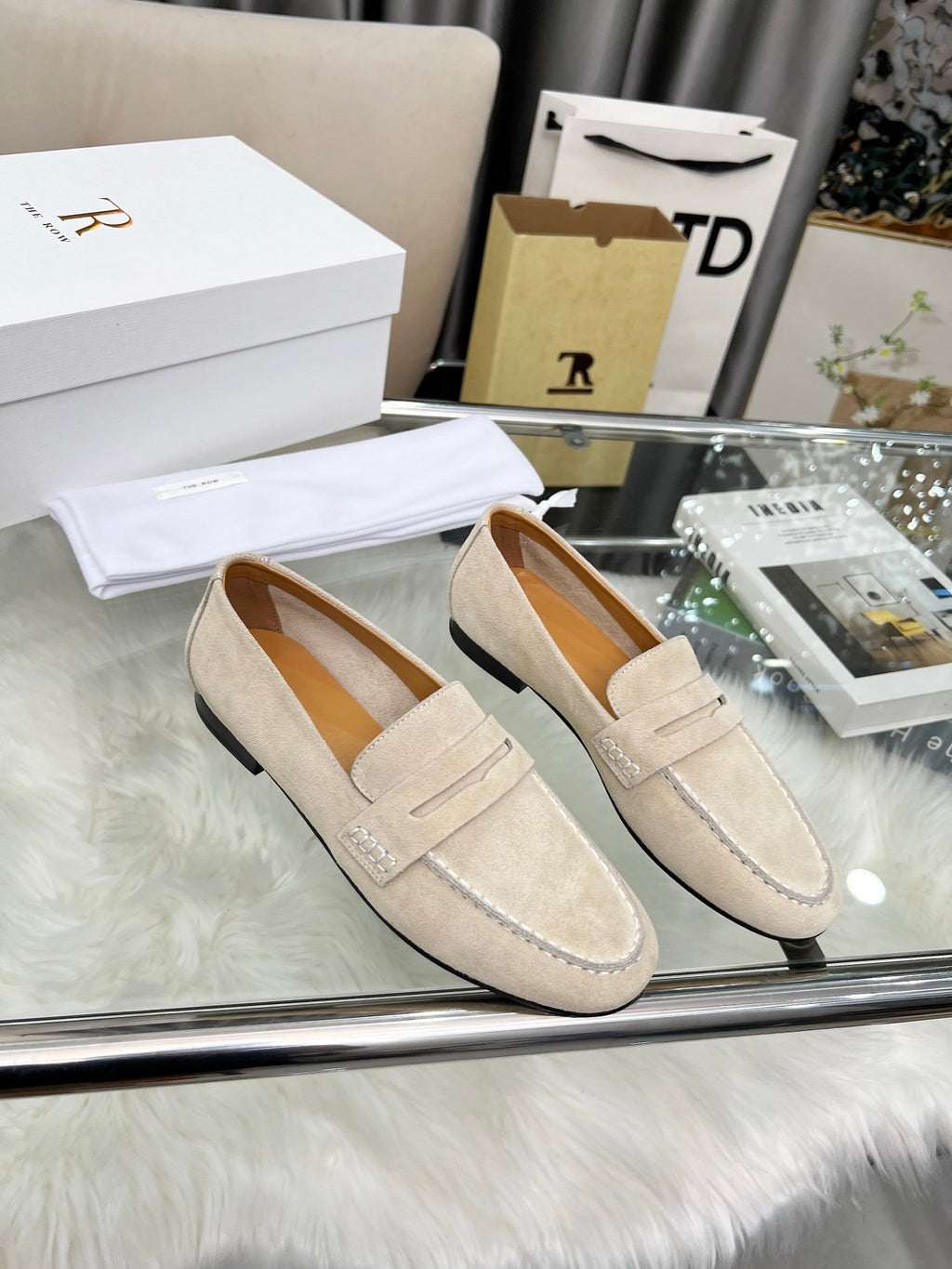 THE ROW 26S PENNY LOAFERS IN LIGHT BEIGE SUEDE