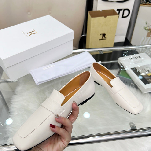 THE ROW 26S PENNY LOAFER FLATS IN IVORY WHITE GRAINED CALFSKIN