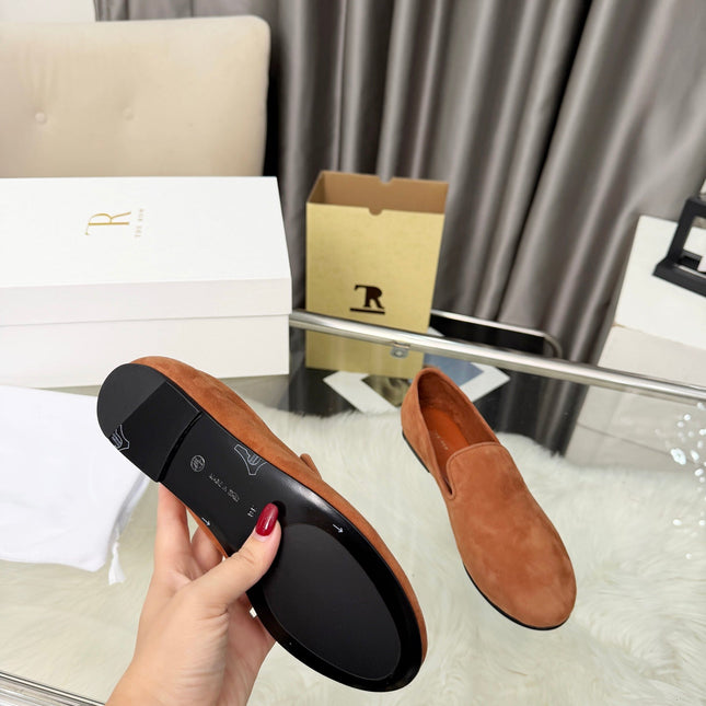 THE ROW 26S CLASSIC LOAFER FLATS IN COGNAC BROWN SUEDE