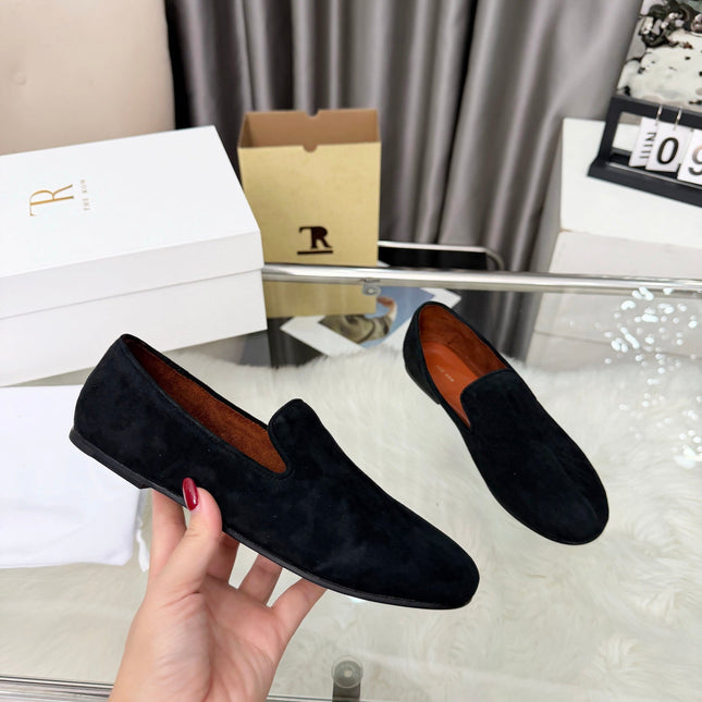 THE ROW 26S CLASSIC LOAFER FLATS IN BLACK SUEDE