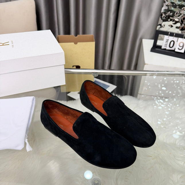 THE ROW 26S CLASSIC LOAFER FLATS IN BLACK SUEDE