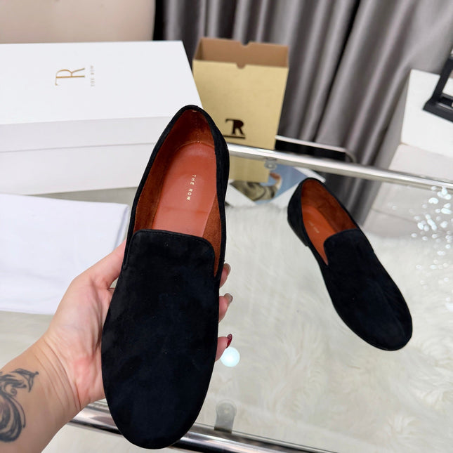 THE ROW 26S CLASSIC LOAFER FLATS IN BLACK SUEDE