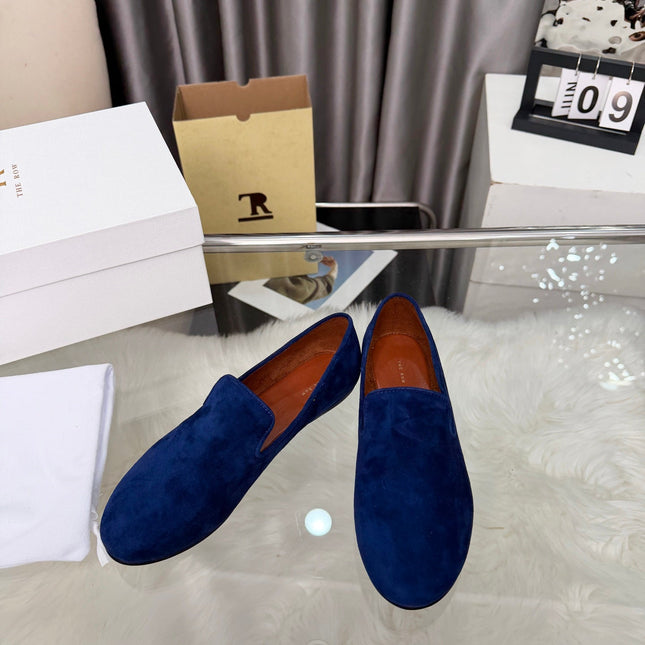 THE ROW 26S CLASSIC LOAFER FLATS IN DARK BLUE SUEDE