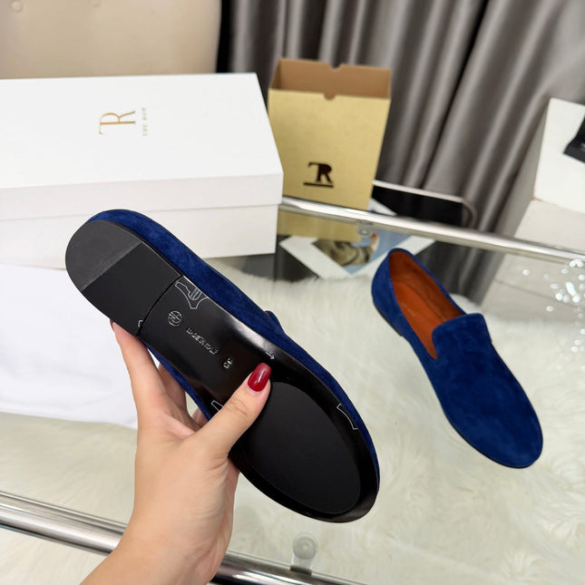 THE ROW 26S CLASSIC LOAFER FLATS IN DARK BLUE SUEDE