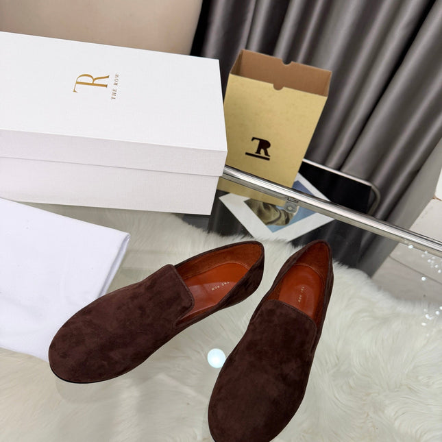 THE ROW 26S CLASSIC LOAFER FLATS IN DARK BROWN SUEDE